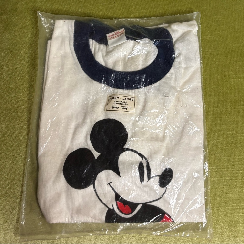1980’s Disney Vintage Mickey Mouse Ringer Tee Shirt New In Bag  Large